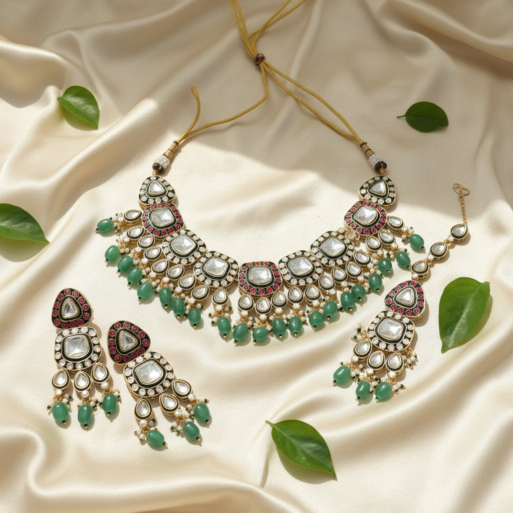 Maira Meenakari Polki set (Pink-Green)