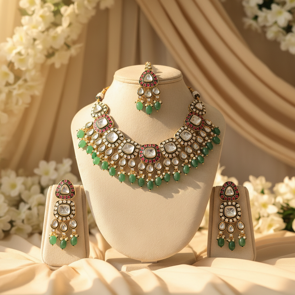 Maira Meenakari Polki set (Pink-Green)