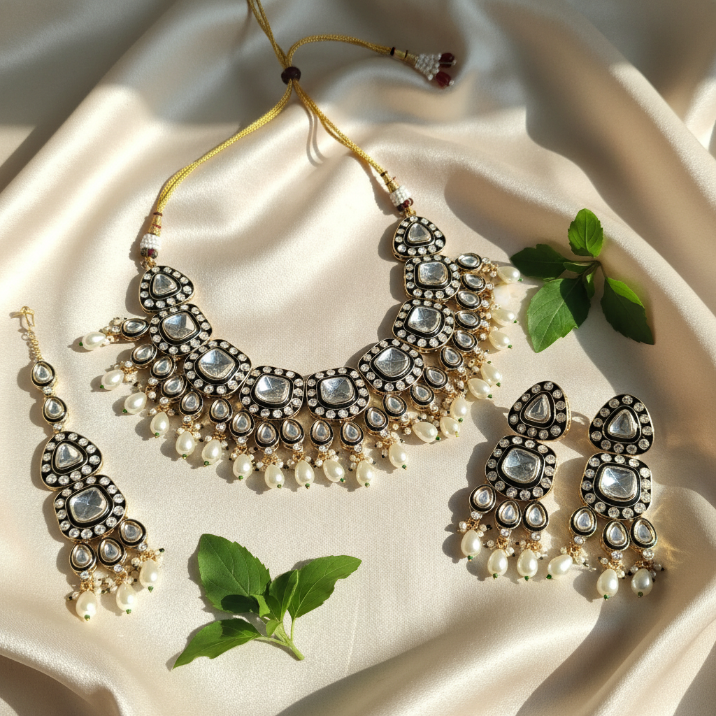 Maira Meenakari Polki set (Green-Ivory)