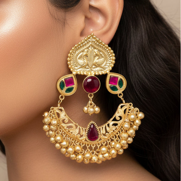 Rajwada Chandbali Earrings (Wine)