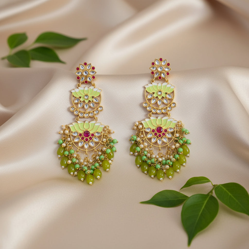 Lotus Kundan Earrings (Green)