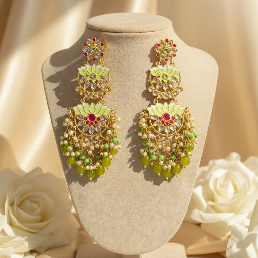 Lotus Kundan Earrings (Green)