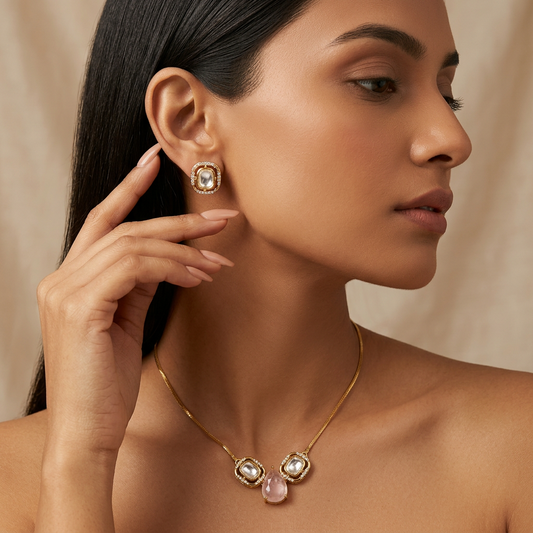 Anvi Kundan Chain Pendant Set (Light Pink)