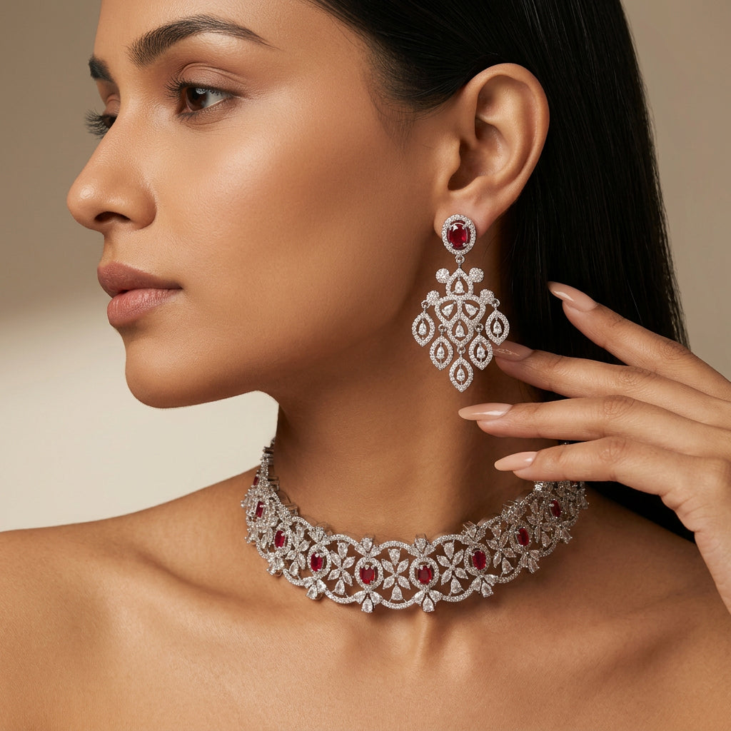 Ishika AD Choker Necklace Set (Red)