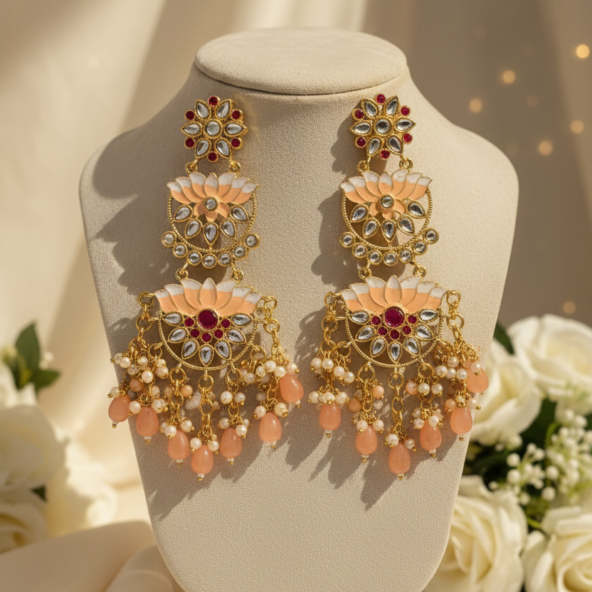 Lotus Kundan Earrings (Peach)
