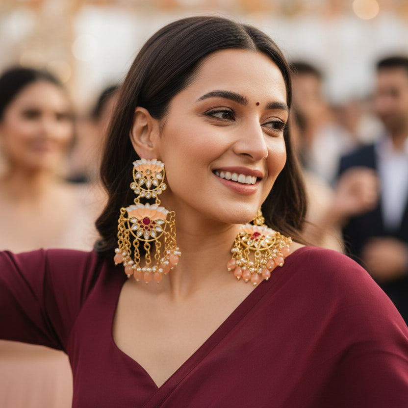 Lotus Kundan Earrings (Peach)