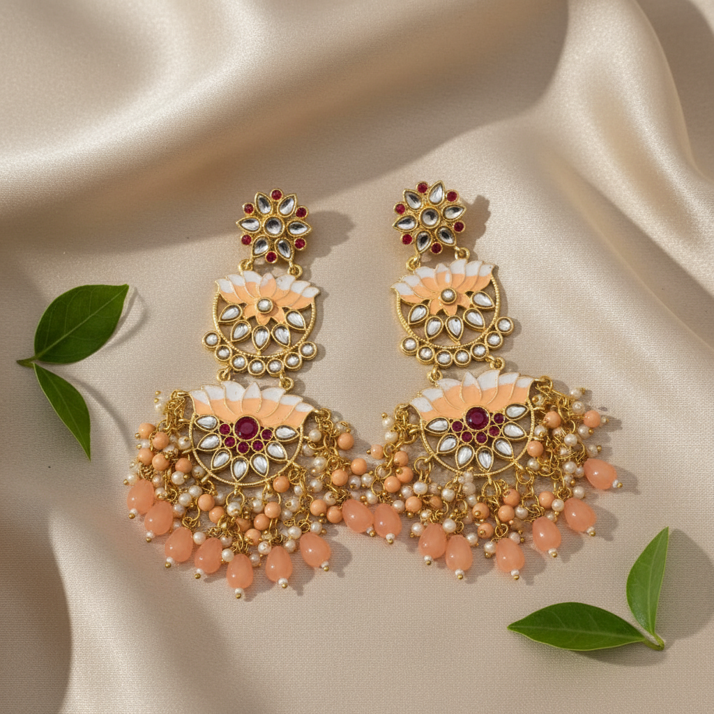 Lotus Kundan Earrings (Peach)