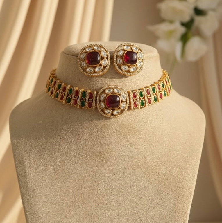 Aarzoo Kundan Necklace (Wine and Green)