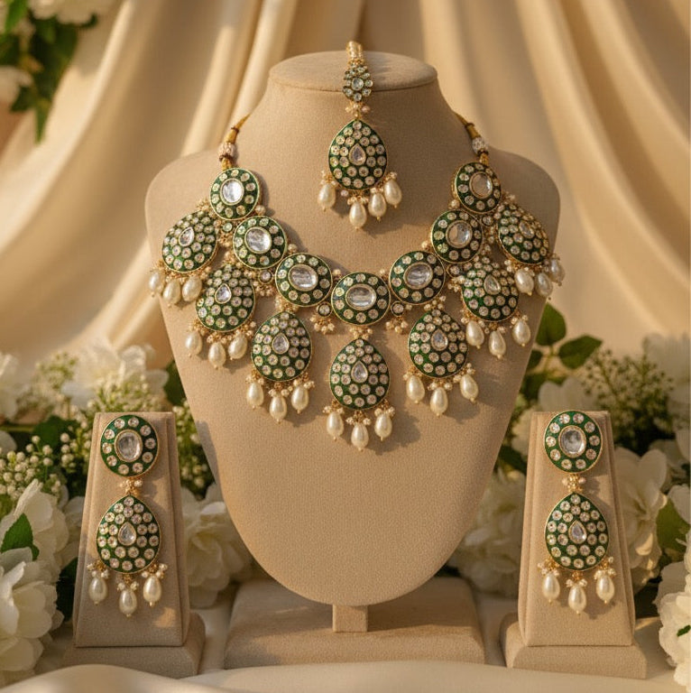Zarnoor Kundan Bridal Necklace (White and Green)