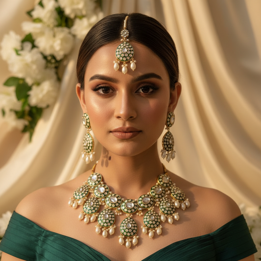 Zarnoor Kundan Bridal Necklace (White and Green)