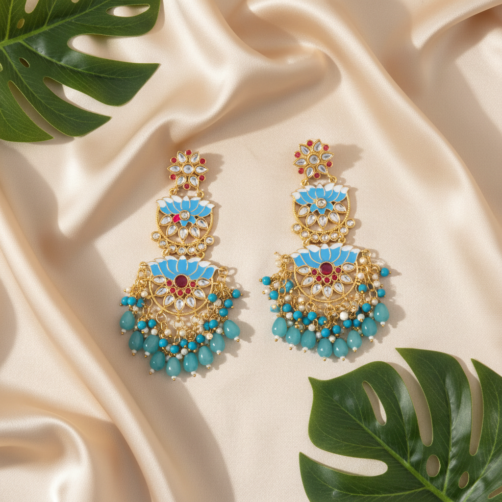 Lotus Kundan Earrings (Blue)