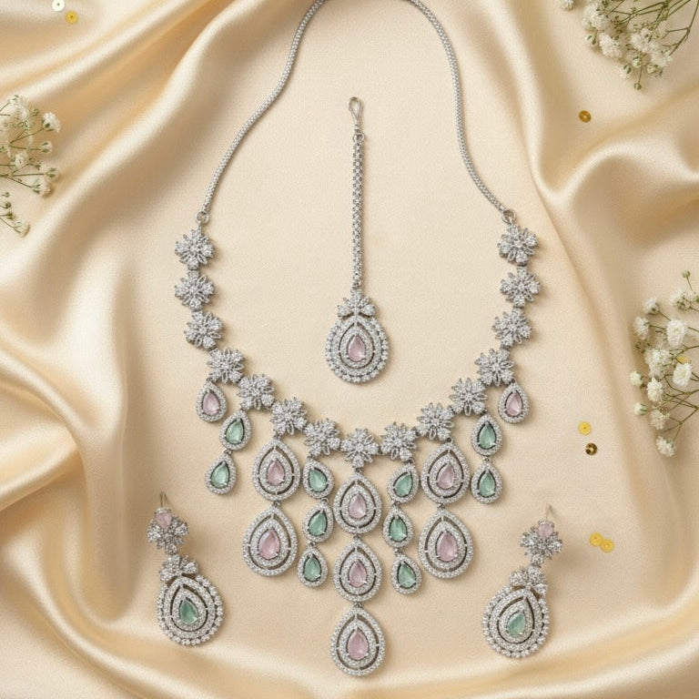 Royal Bloosom AD Necklace (Pink and Mint Green)