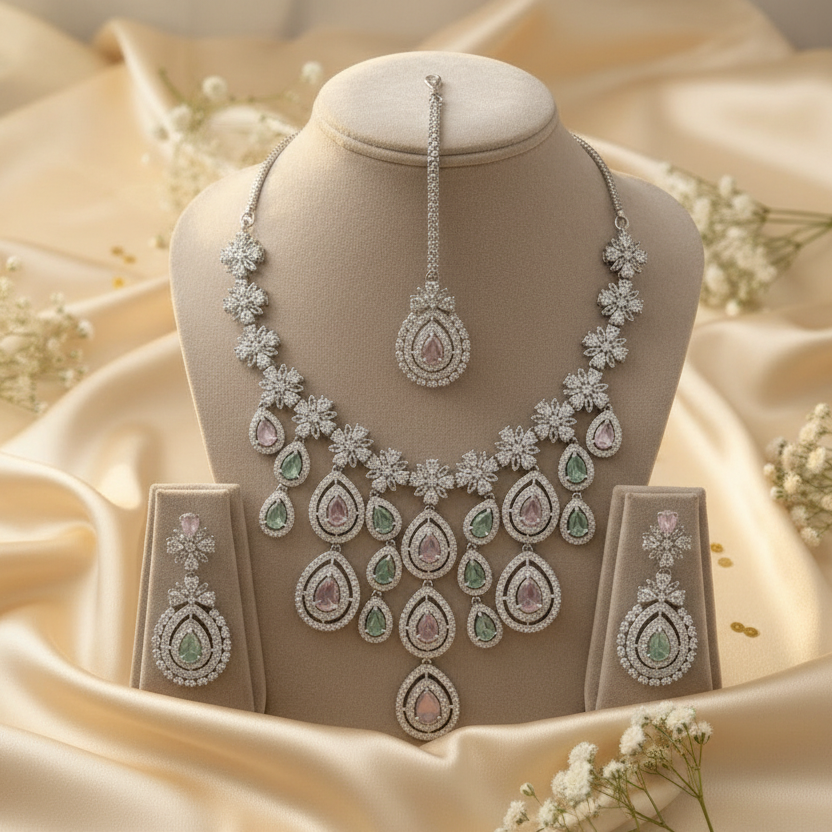 Royal Bloosom AD Necklace (Pink and Mint Green)