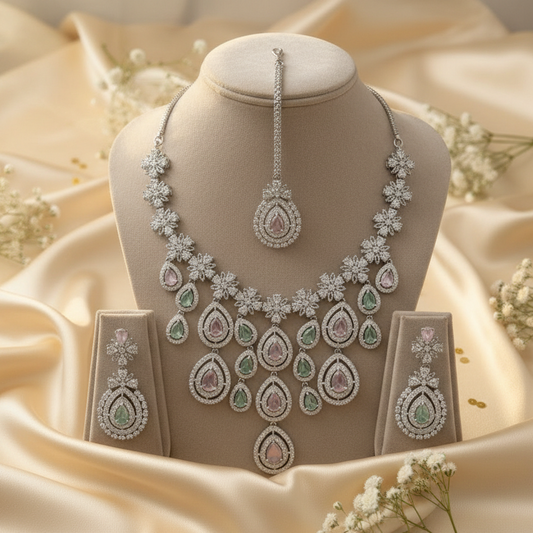 Royal Bloosom AD Necklace (Pink and Mint Green)