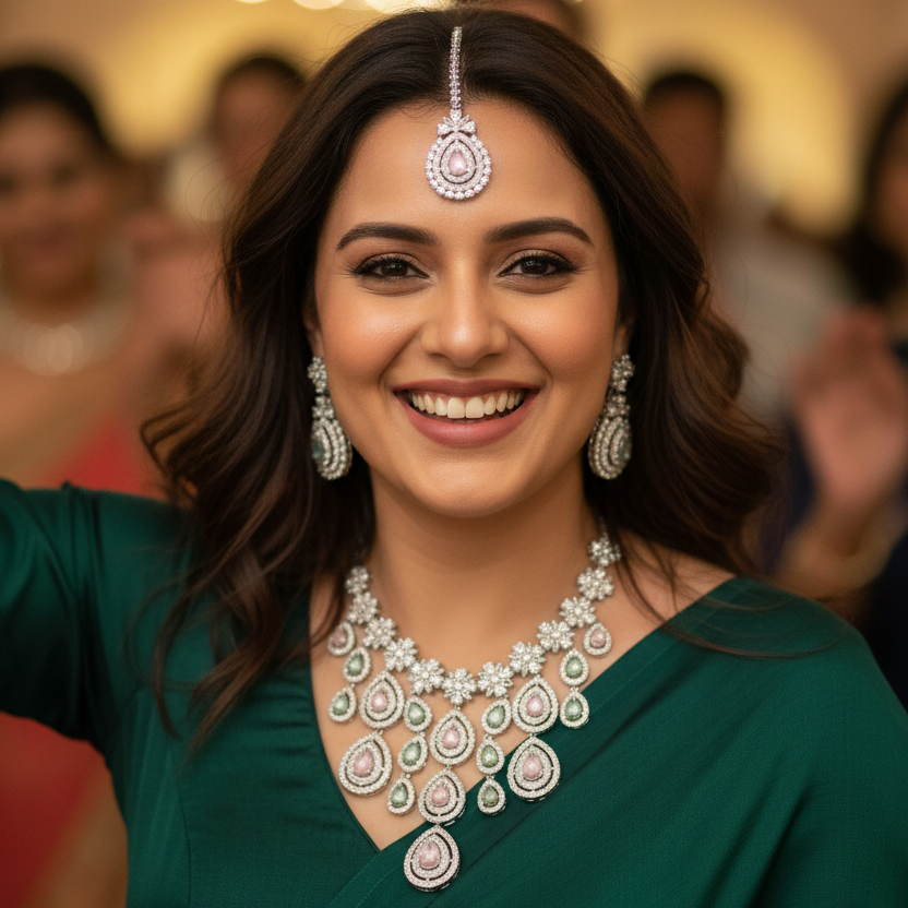 Royal Bloosom AD Necklace (Pink and Mint Green)