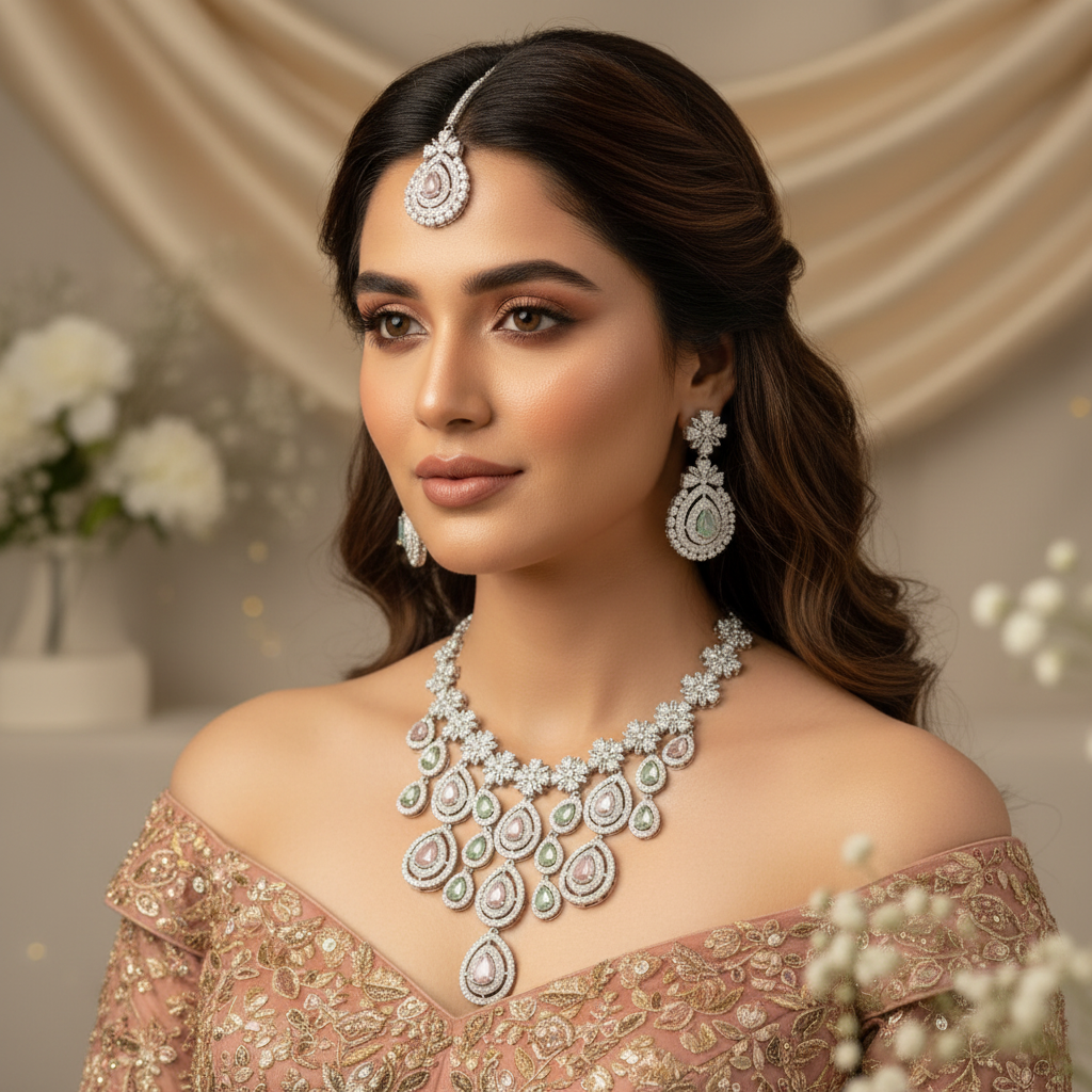 Royal Bloosom AD Necklace (Pink and Mint Green)