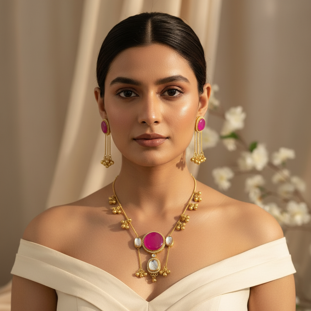 Noor Kashmiri Necklace (Rani Pink)