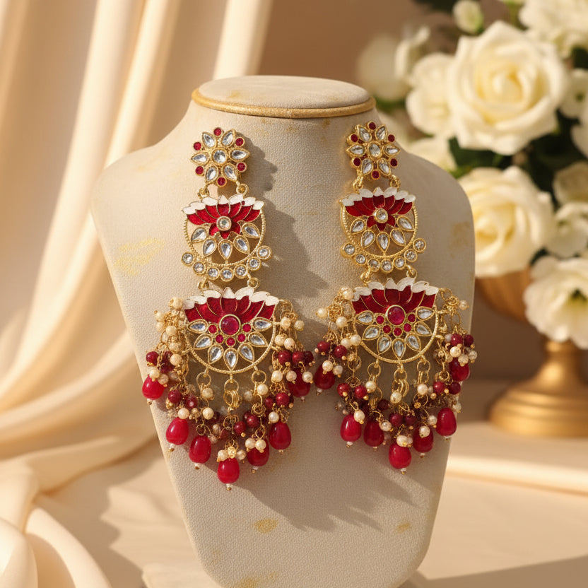 Lotus Kundan Earrings (Red)