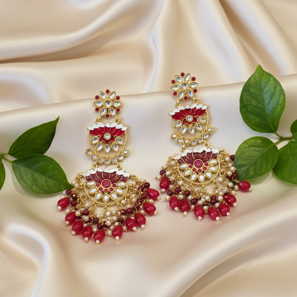 Lotus Kundan Earrings (Red)