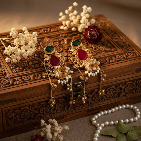 Maharani Kashmiri Earrings (Green and Wine)