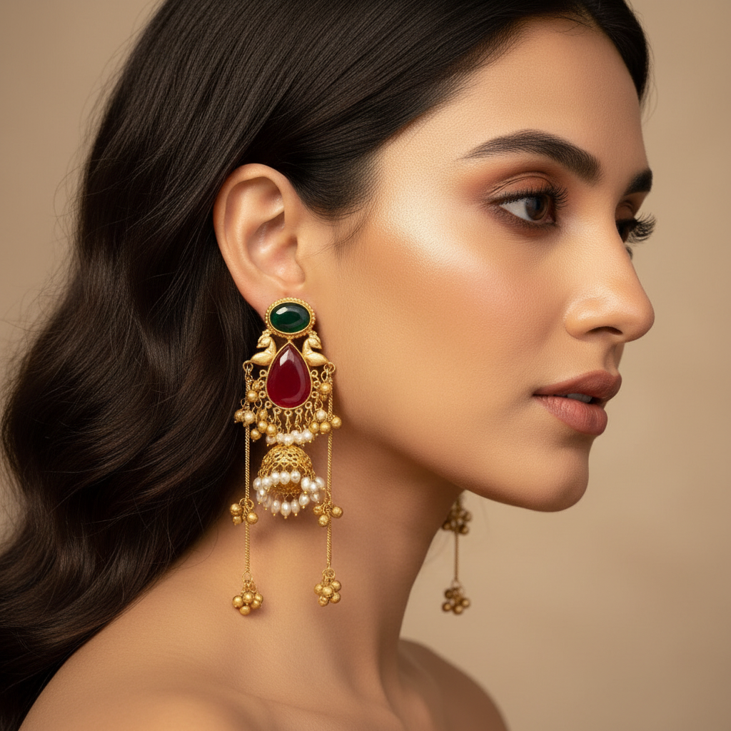 Maharani Kashmiri Earrings (Green and Wine)
