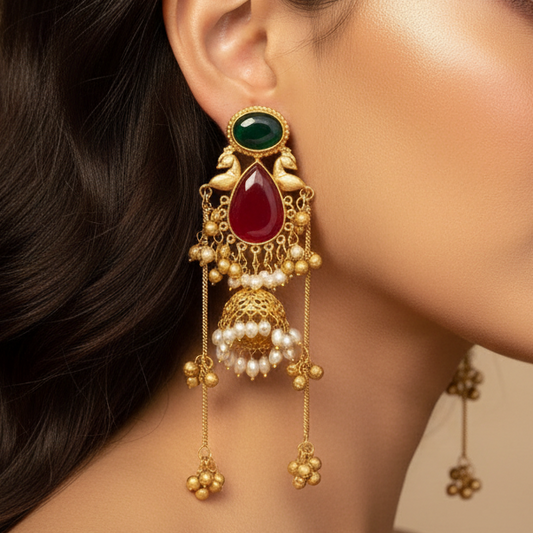 Maharani Kashmiri Earrings (Green and Wine)