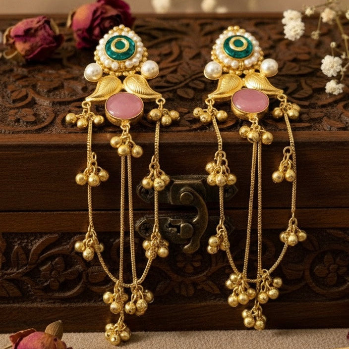 Aarzu Kashmiri Earrings (Green and Pink )