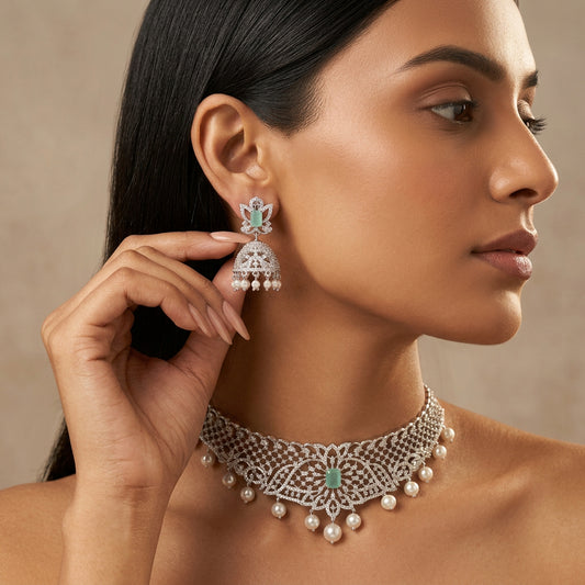 Jiya AD Choker Necklace Set (Mint Green)