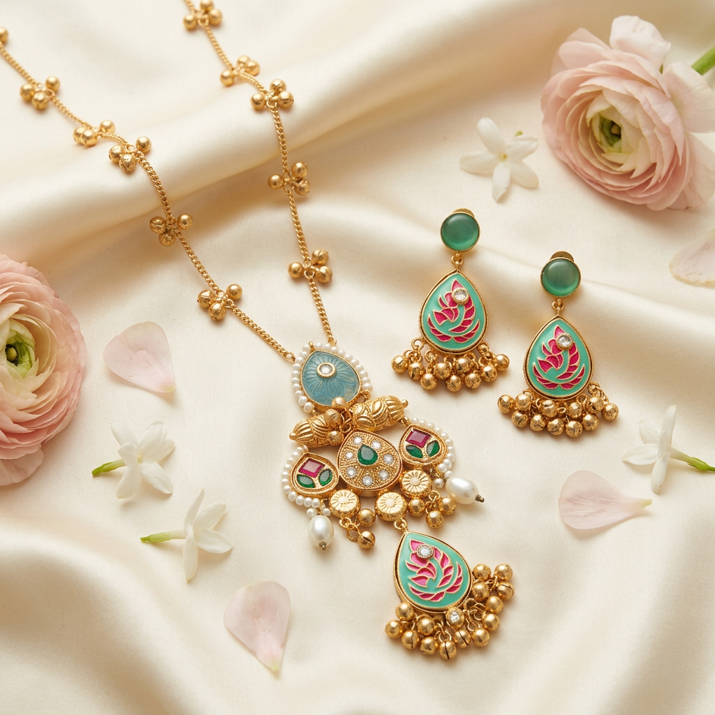 Dilnaz Kashmiri Necklace Set (Mint Green-Sea Blue)