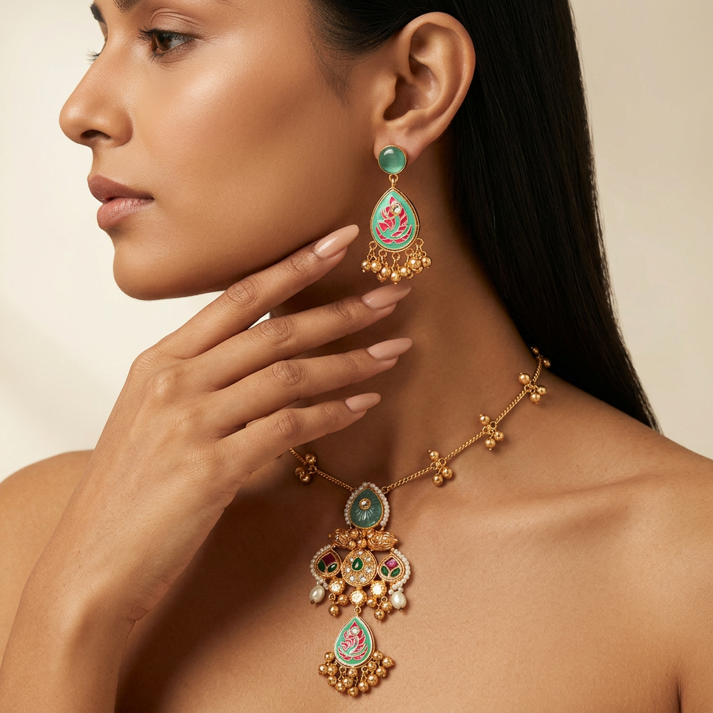 Dilnaz Kashmiri Necklace Set (Mint Green-Sea Blue)