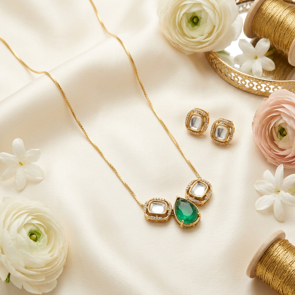 Sia Kundan Chain Pendant Set (Green)