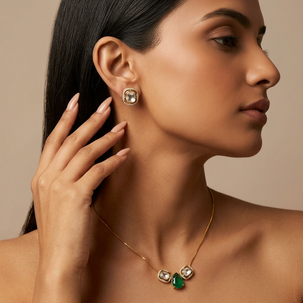 Sia Kundan Chain Pendant Set (Green)