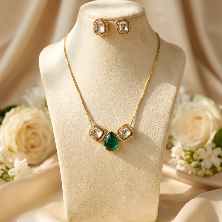 Sia Kundan Chain Pendant Set (Green)