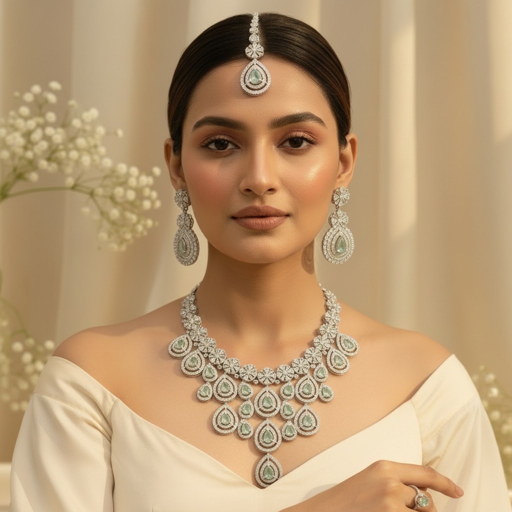 Royal Bloosom AD Necklace (Mint Green)