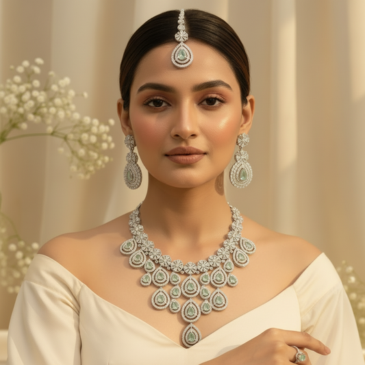 Royal Bloosom AD Necklace (Mint Green)