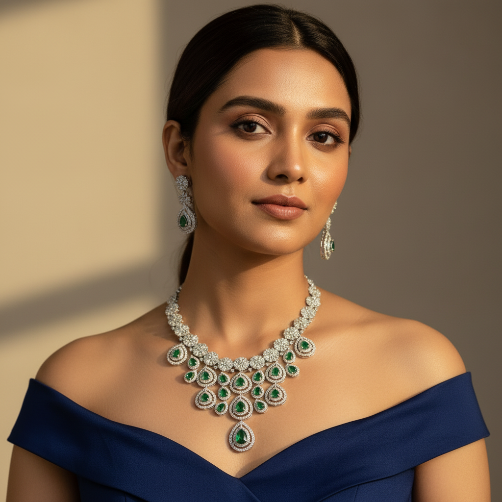 Royal Bloosom AD Necklace (Green)