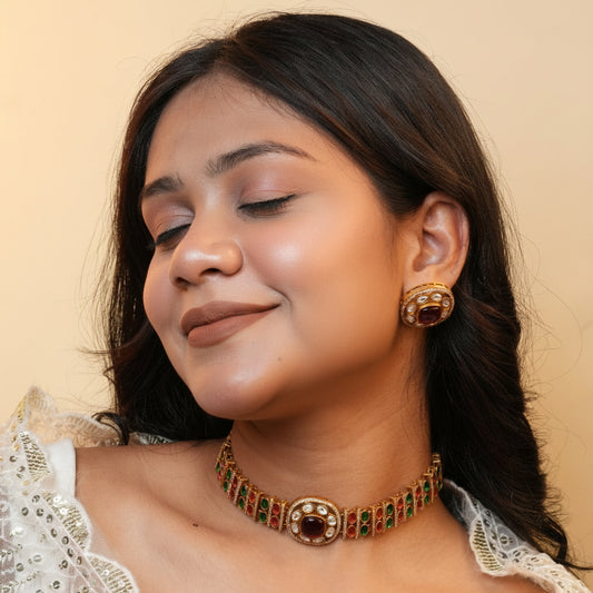 Aarzoo Kundan Necklace (Wine and Green)