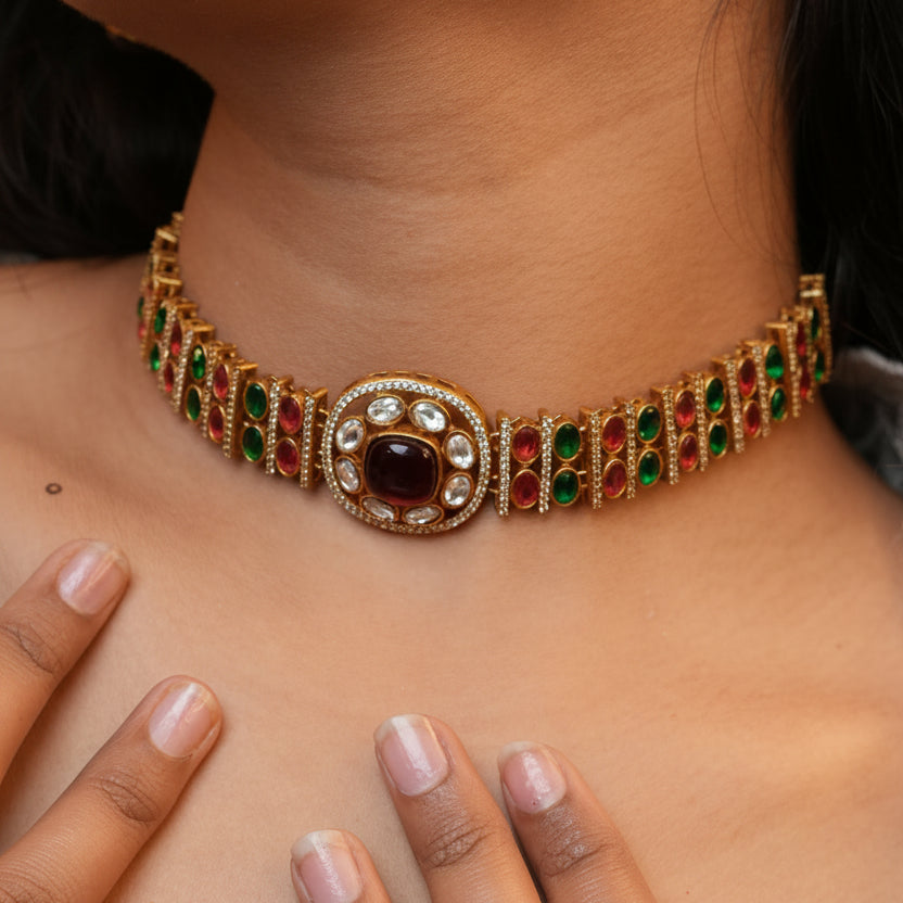 Aarzoo Kundan Necklace (Wine and Green)