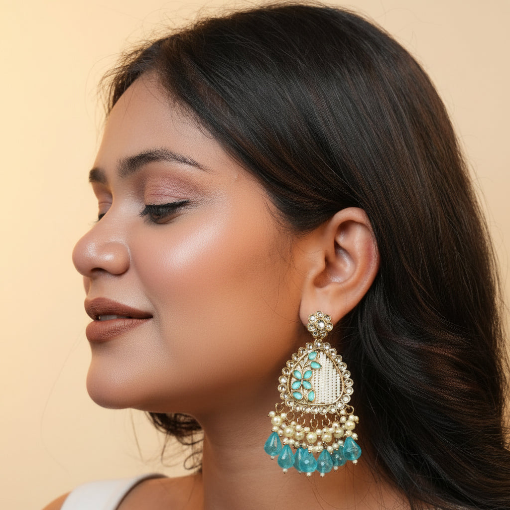 Noori Kundan Earrings (Sea Blue)