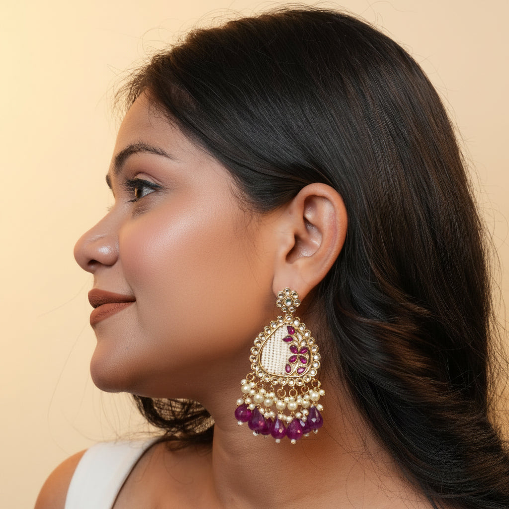 Noori Kundan Earrings (Purple)