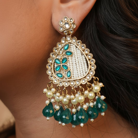 Noori Kundan Earrings (Peacock Green)