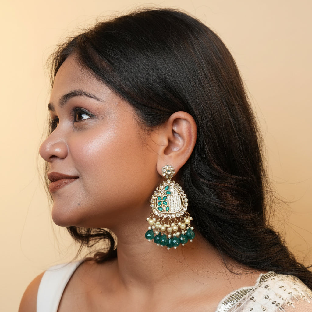 Noori Kundan Earrings (Peacock Green)