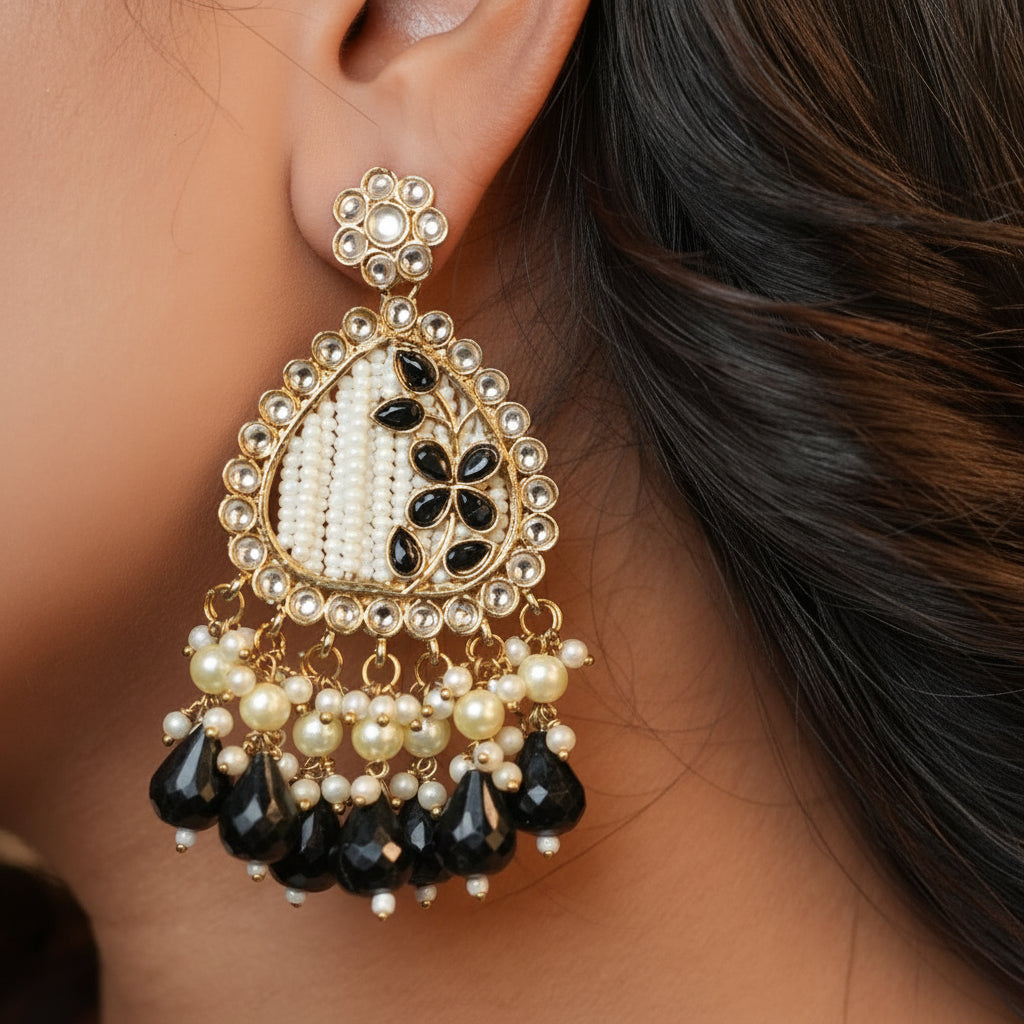 Noori Kundan Earrings (Black)