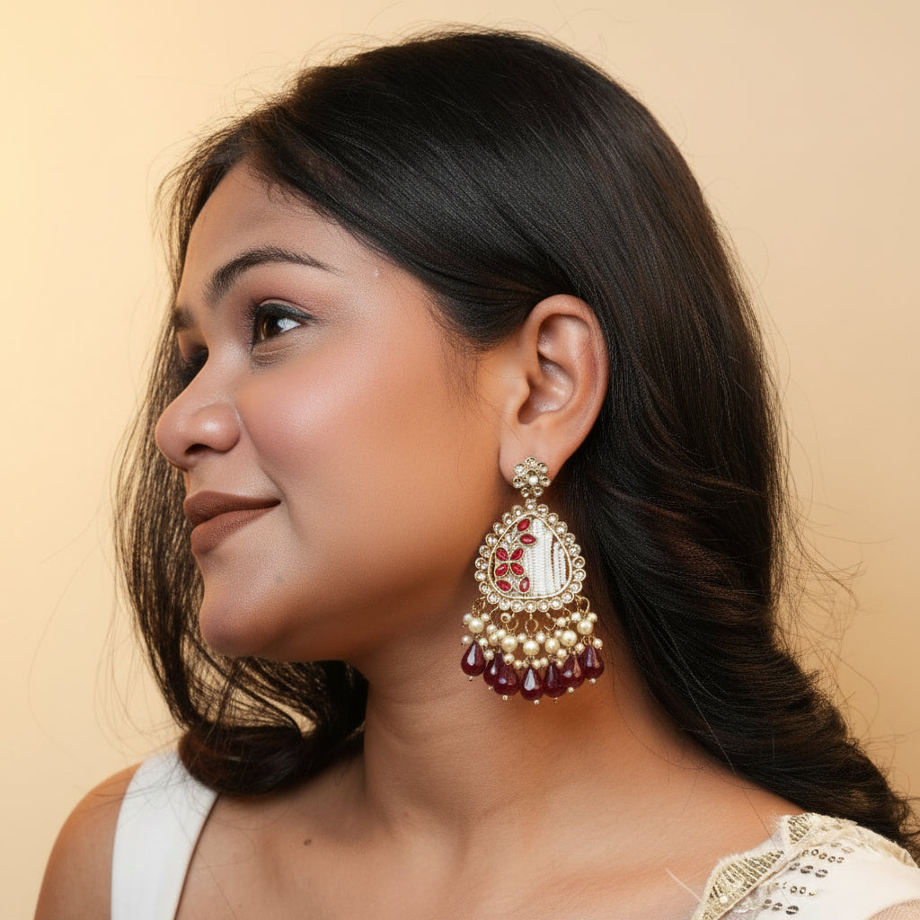 Noori Kundan Earrings (Wine)