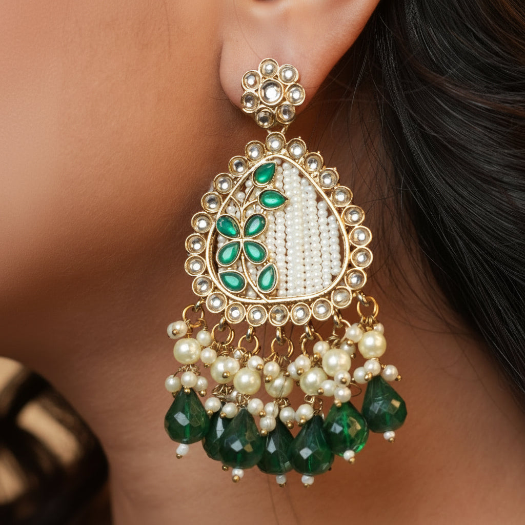 Noori Kundan Earrings (Green)