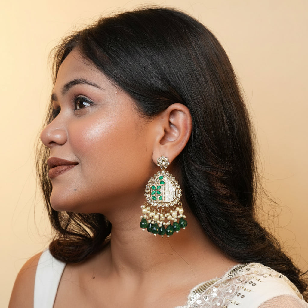 Noori Kundan Earrings (Green)