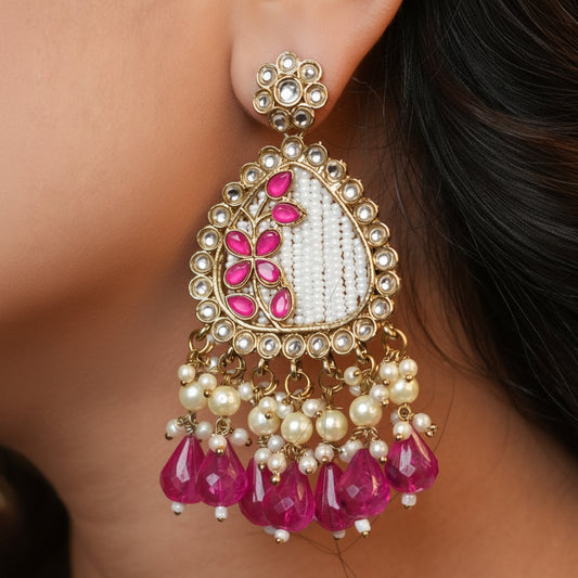 Noori Kundan Earrings (Rani Pink)
