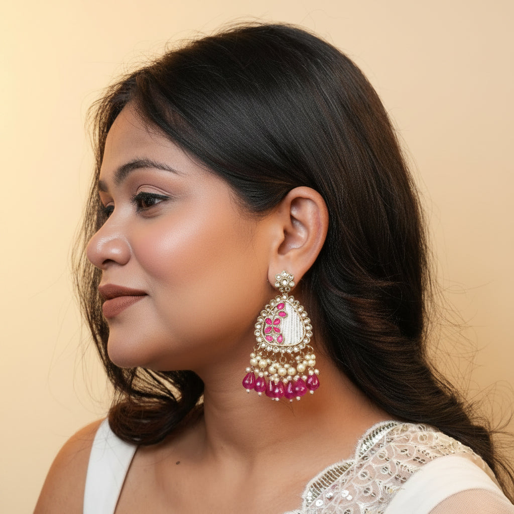 Noori Kundan Earrings (Rani Pink)