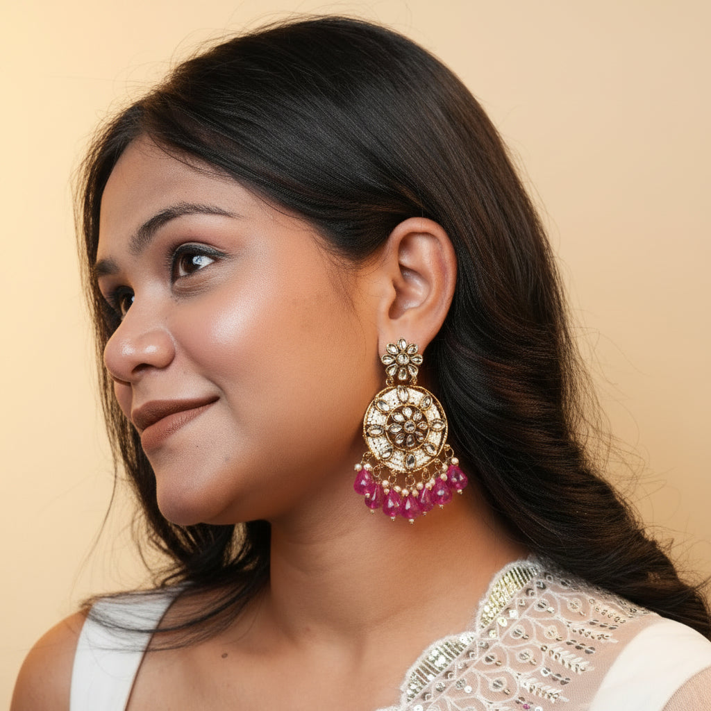 Siya Kundan Earrings (Rani -pink)