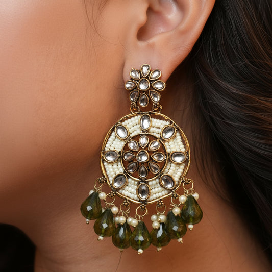 Siya Kundan Earrings (Olive Green)